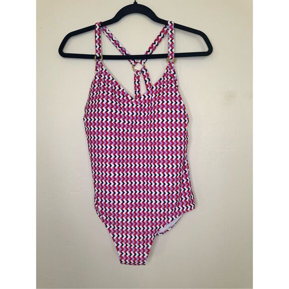 Kona Sol Ref White Blue Geometric One Piece Swimsuit Plus Size 14 New - Picture 3 of 6